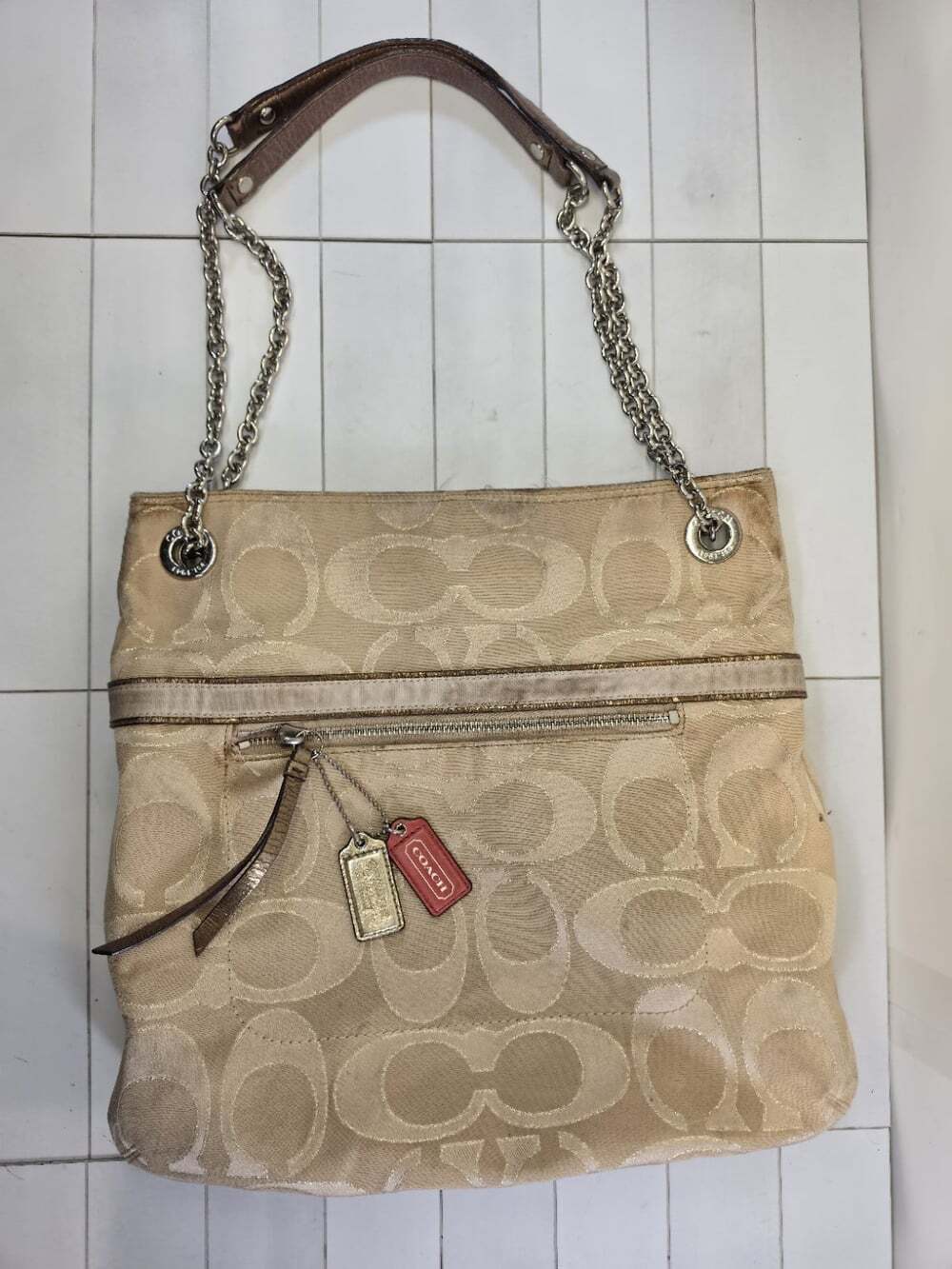 Coach Womens Beige Purse Shoulder Bag Chain Strap Poppy Metallic Signature Print